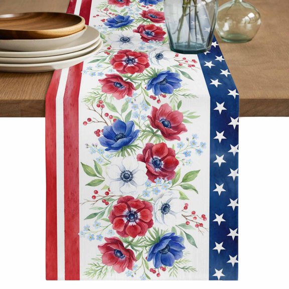 Independence Day Table Runner 72 Inches, American Flag Red Blue Flowers Bed Runner Dresser Scarves Tabletop for Indoor Outdoor Parties/Ceremony/Banquet, 14" x 72"