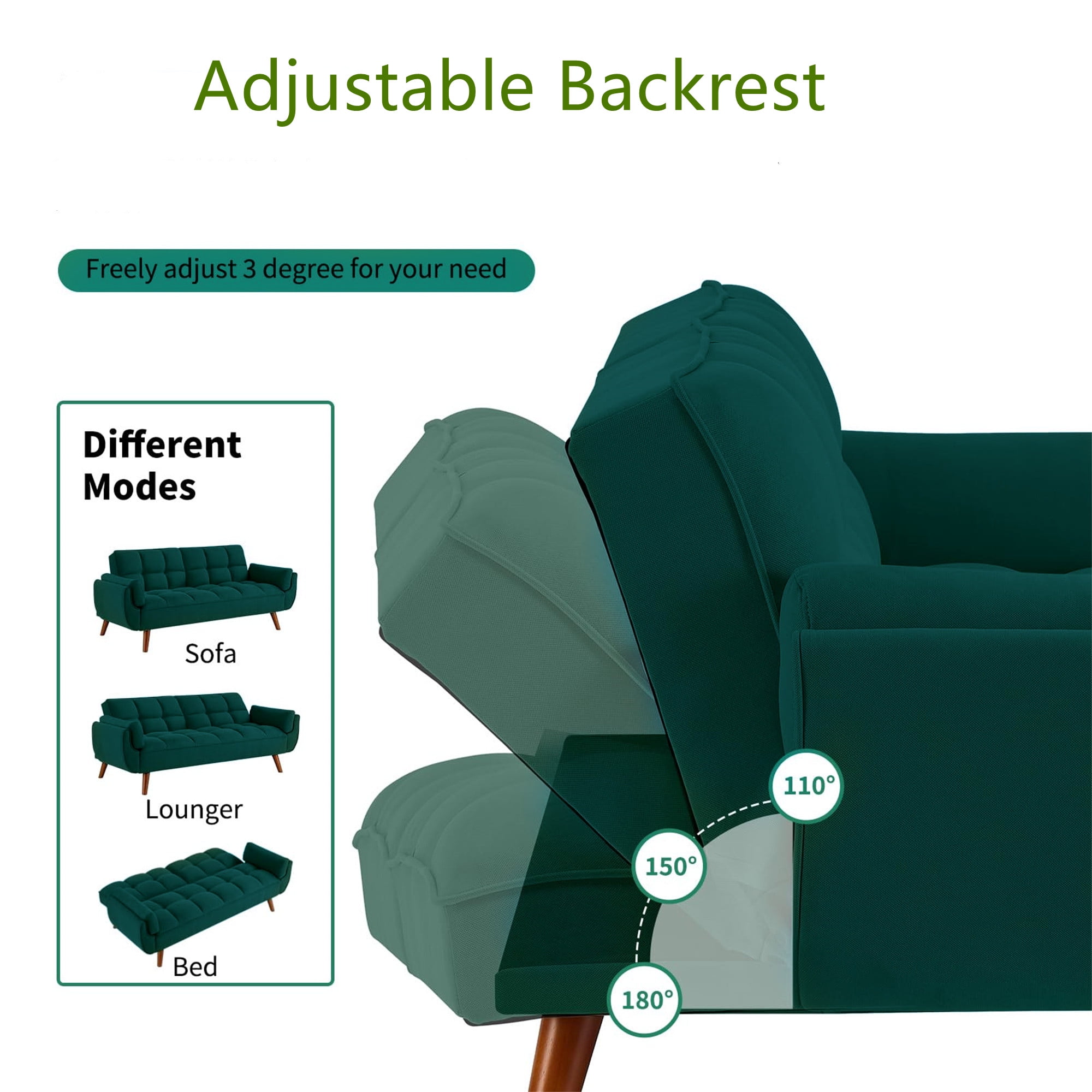 Aukfa 75" Flared Arm Futon Convertible Sofa Bed, Linen Sleeper Couch for Home Office, Green