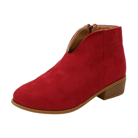 OJSFQUFP Womens Shoes Winter Warm Boots Womens Boots Heel Round Head Short Boots Womens Thin V Mouth Flat Solid Color Suede Boots Comfortable Walking Boots for Women Red 43