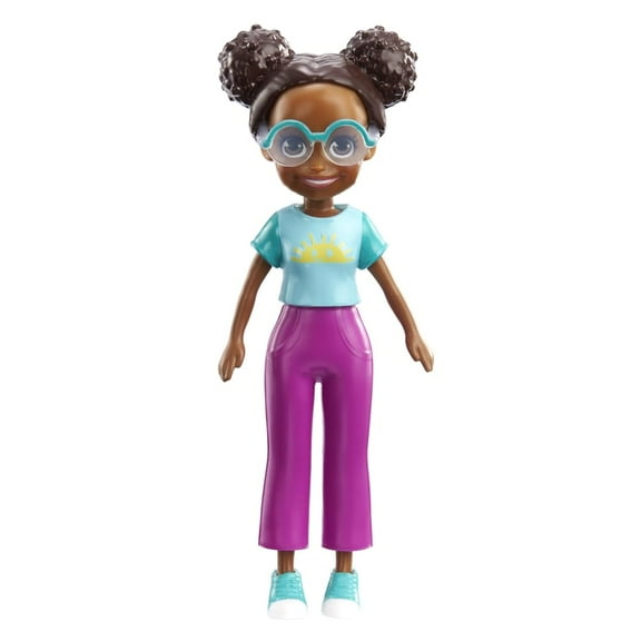 Polly Pocket Collectible Doll ~ Shani Wearing Purple Pants, Teal Sunshine Shirt, Green Shoes and Glasses ~ 3 1/2" Tall ~ HKV77