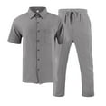 thumbnail image 5 of Awdenio Men Two Piece Outfits Sets. Solid Color Casual Fashion Flip Collar Short Sleeve Linen Shirt Drawstring Waist Long Pants Beach Sets, 5 of 5