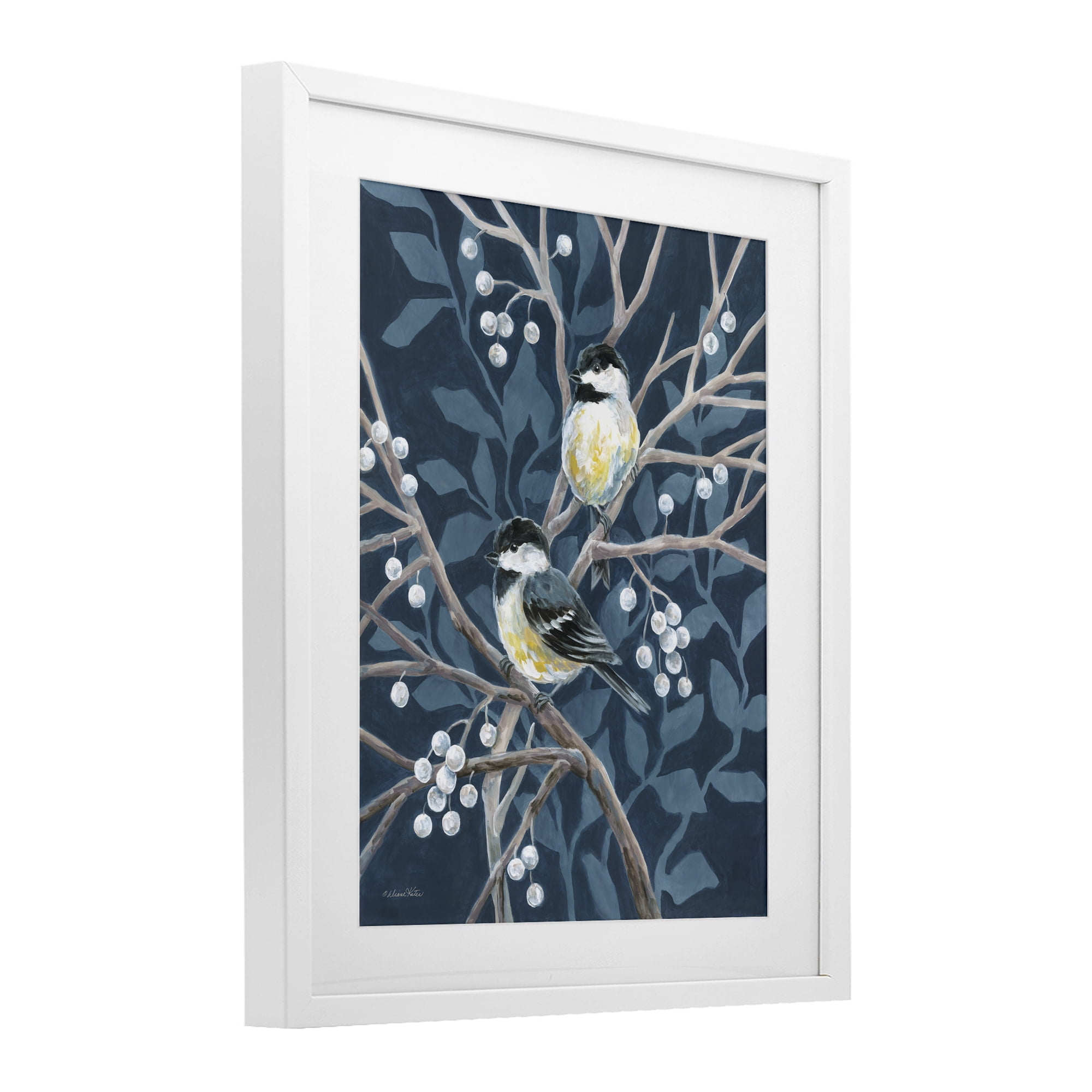 Stupell Industries Chickadees on Winter Berries White Framed Print Under Glass, design by Diane Kater