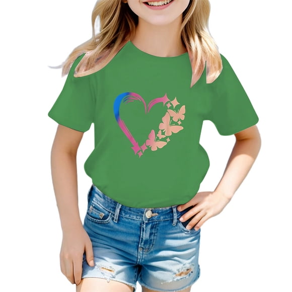 PMVFHDE T-Shirt d'Été à Manches Courtes pour Filles - Haut Décontracté à Col Rond avec Imprimé Graphique, T-Shirt en Coton Respirant pour Superposition pour Tout-Petits à Préados Vert, 3-4 Ans
