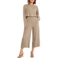 thumbnail image 3 of Traje De Pantalón Recortado Traje informal de 2 piezas para mujer, camisa de cintura alta, pantalones superiores, cuello redondo, atuendo diario Cgtredaw Caqui L para Mujer, 3 of 7