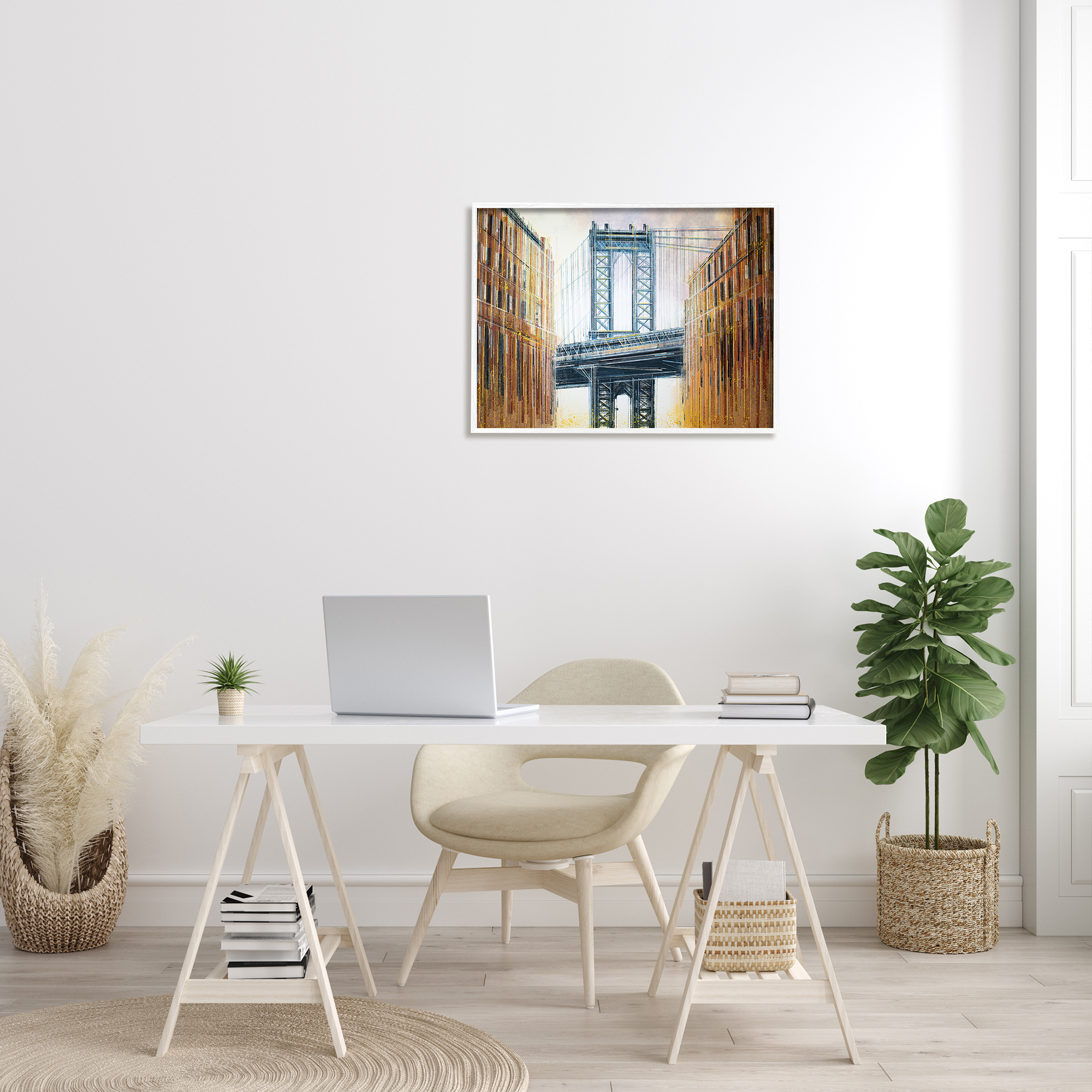 Stupell Industries Modern Urban Bridge Travel & Places Painting White Framed Art Print Wall Art, 30 x 24