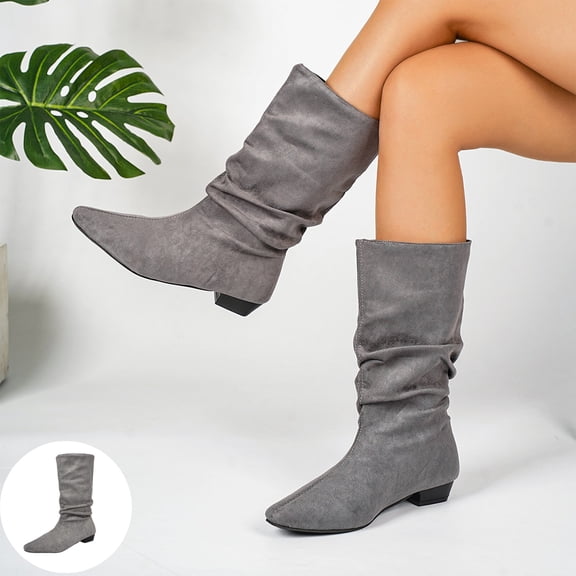 Willtoo Women's Slouchy Knee High Boots, Pointed Toe Low Heel Pull On Tall Faux Suede Boots, Ruched Wide Calf Fall Winter Dress Boots