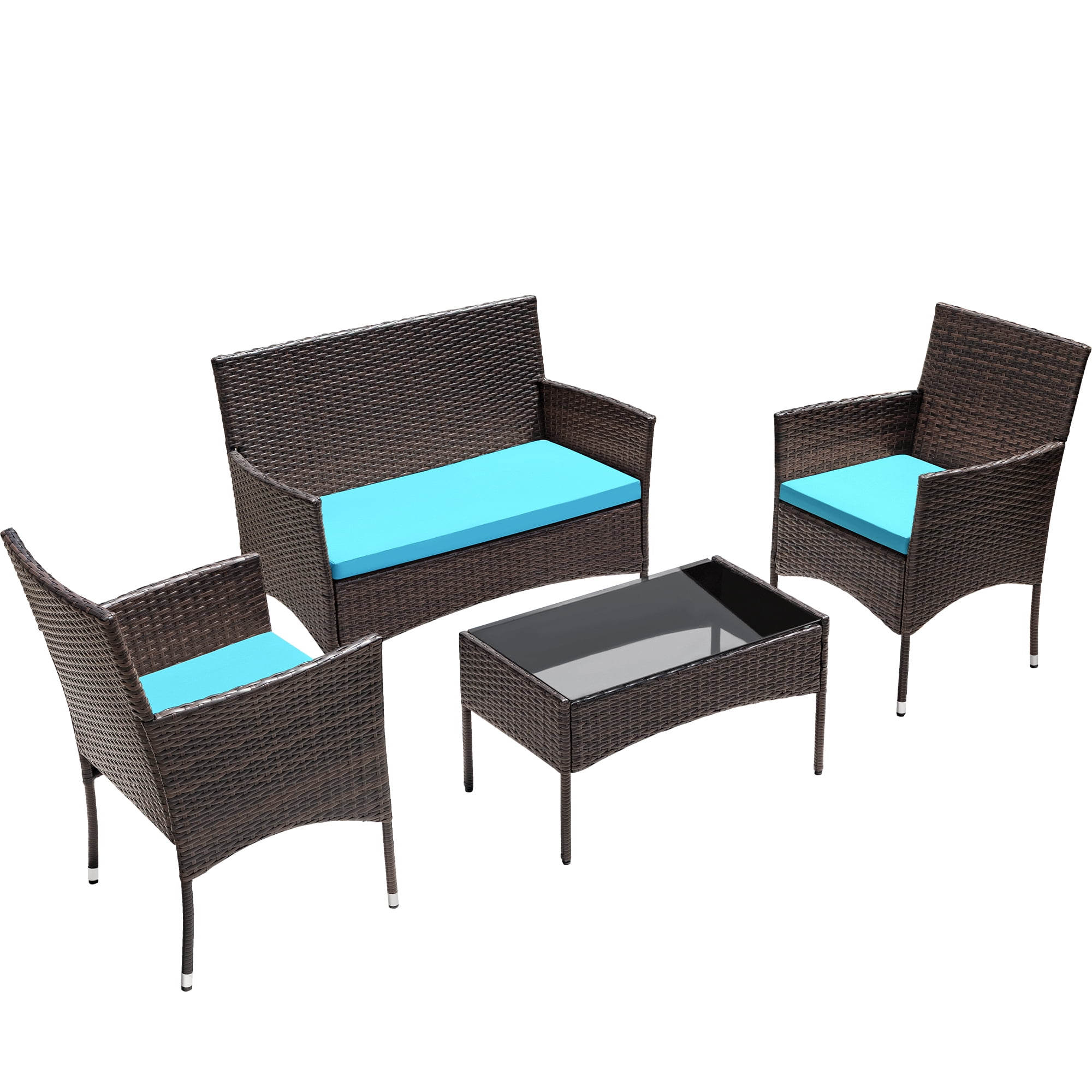 Lacoo 4 Piece Outdoor Patio Furniture PE Rattan Wicker Table and Chairs Set with Cushions, Blue