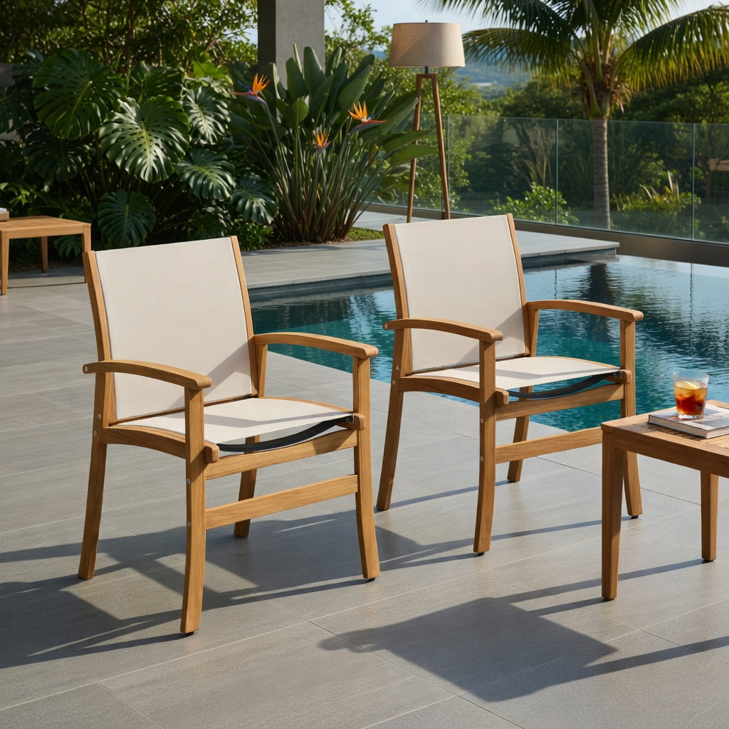 Hommoo 2-Piece Acacia Wood Patio Dining Chairs Set, Breathable Fabric Seat & Back, Outdoor Armchairs for Deck, Patio or Poolside, Natural+Beige