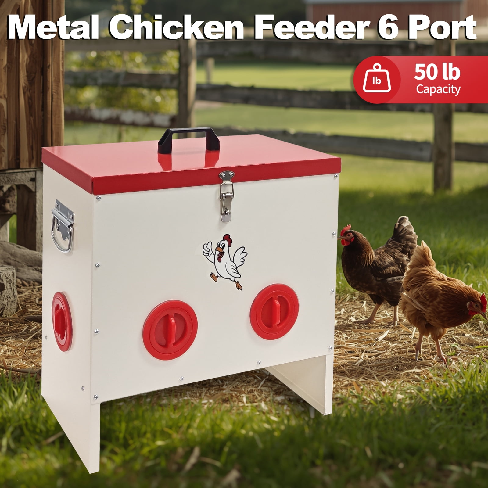 SHZOND Automatic Chicken Feeder 50 LBS,6 Port Metal Poultry Feeder,Large Capacity Automatic Poultry Feeder System, No Waste Poultry Feeder with Locking Lid for Chickens, Ducks&Poultry