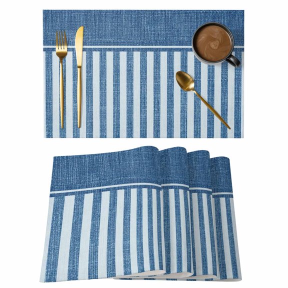 Navy Blue Stripe Placemats Set of 2, Country Vintage Farmhouse Minimalist Vertical Lines Non-Slip Place Mats Washable Table Mats for Kitchen Dining Table Decorations Indoor/Outdoor