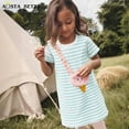 thumbnail image 2 of Emy Dola Little Girl's Summer Dresses Cotton Short Sleeve A-Line Striped Jersey Dress With Cute 3D Cat Pocket Toddler Midi Casual Sundress, 2 of 7