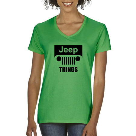 New Way 740 - Women's V-Neck T-Shirt Jeep Things Wrangler Grille XS Kelly