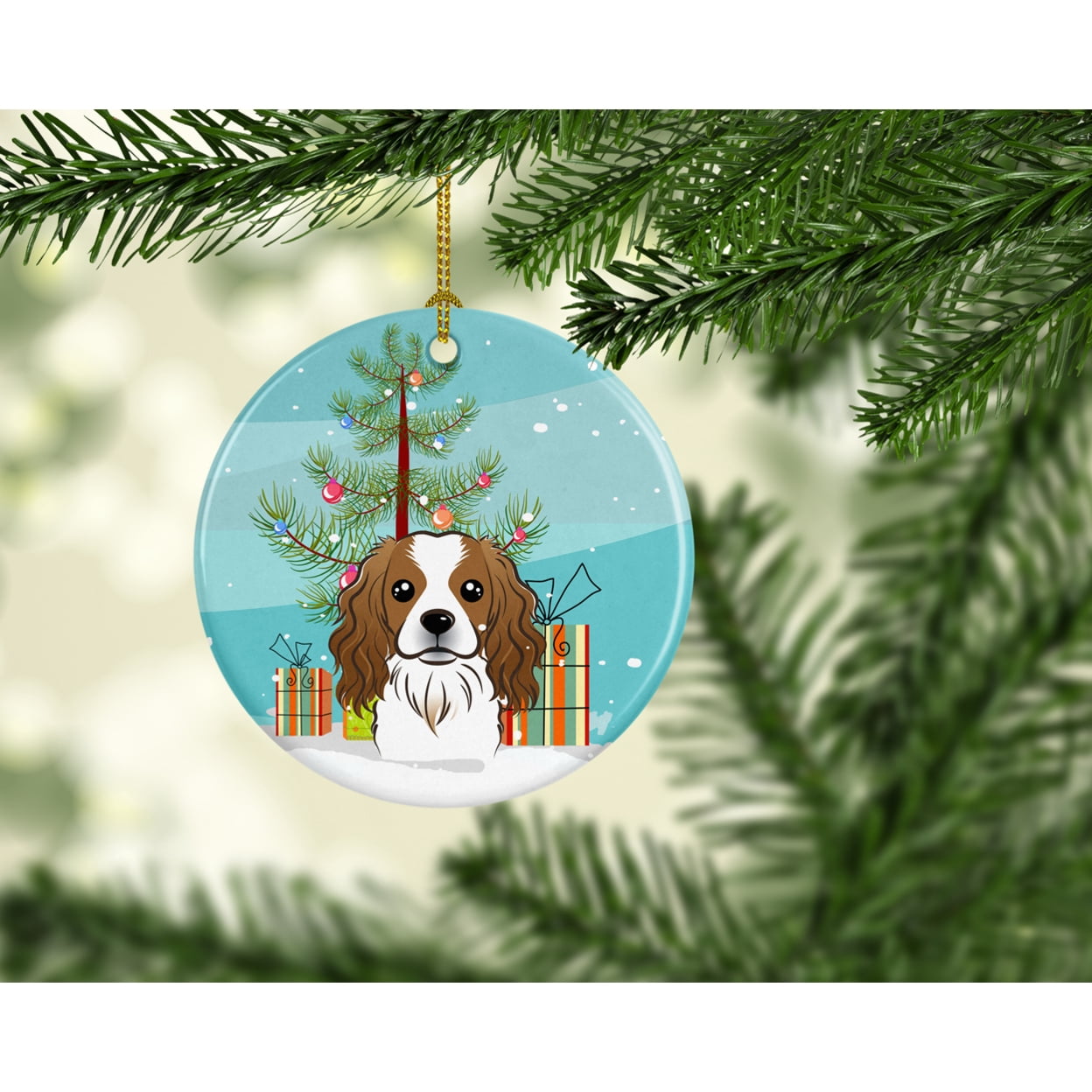 Christmas Tree and Cavalier Spaniel Ceramic Ornament
