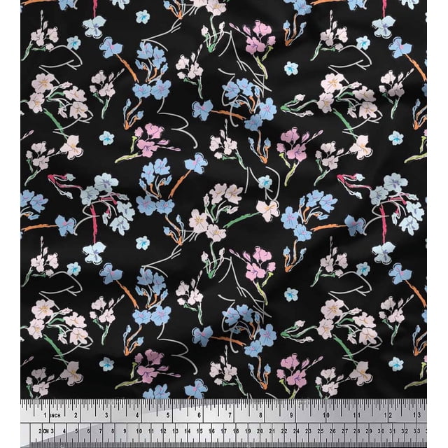 Soimoi Modal Satin Fabric Artistic Floral Print Fabric by the Yard 42 Inch Wide