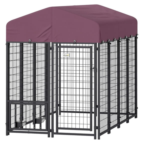 Welded Wire Dog Kennel, Outdoor Dog Run with Cover, 7.9'x4'x6', 360° Rotating Bowls, Adjustable Height, Lockable Gate, Heavy Duty Steel for Large Dogs up to 66lbs
