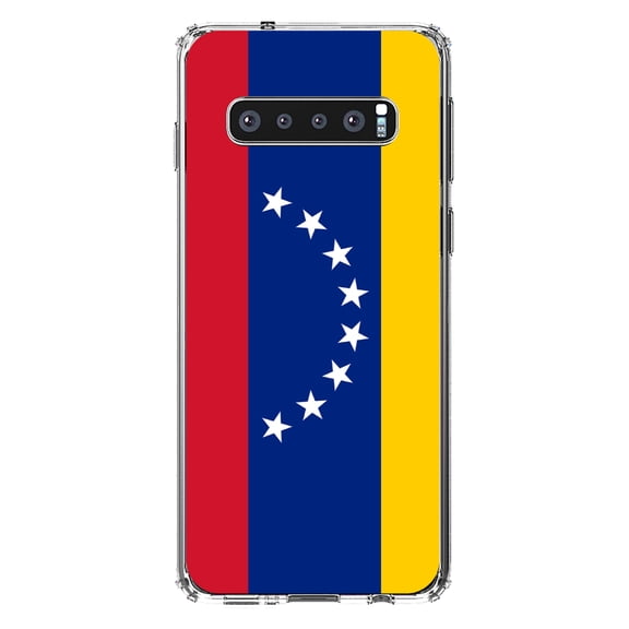 DistinctInk Clear Shockproof Hybrid Case for Samsung Galaxy S10  PLUS(6.4" Screen) - TPU Bumper, Acrylic Back, Tempered Glass Screen Protector - Venezuela Flag Red Blue Yellow -Venezuela