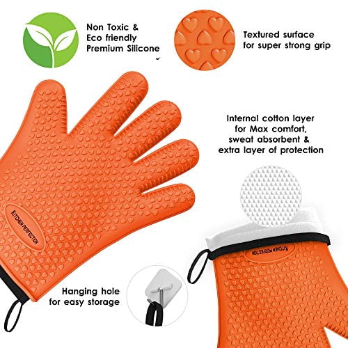 KITCHEN PERFECTION Silicone Smoker Oven Gloves -Extreme Heat Resistant BBQ Gloves -Handle Hot Food Right on Your Grill Fryer Pit|Waterproof Oven Mitts |Superior Value Set+3 Bonuses