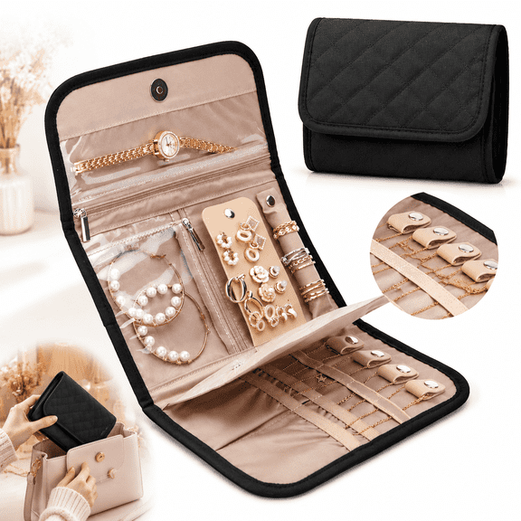 Ustris Travel Jewelry Case Organizer, Foldable Storage Roll for Earrings, Necklaces, Rings, Bracelets, Brooches, Black