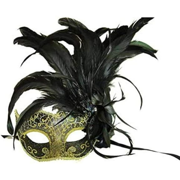 Black Venetian Styled Mask with Feather