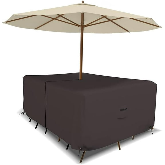 Covers & all Rectangle Table & Chair Set Cover, Umbrella Hole, 12 Oz Waterproof UV & Weather Resistant, Patio Lawn Garden Backyard Furniture, Air Vents & Drawstrings (108"L x 82"W x 23"H, Coffee)