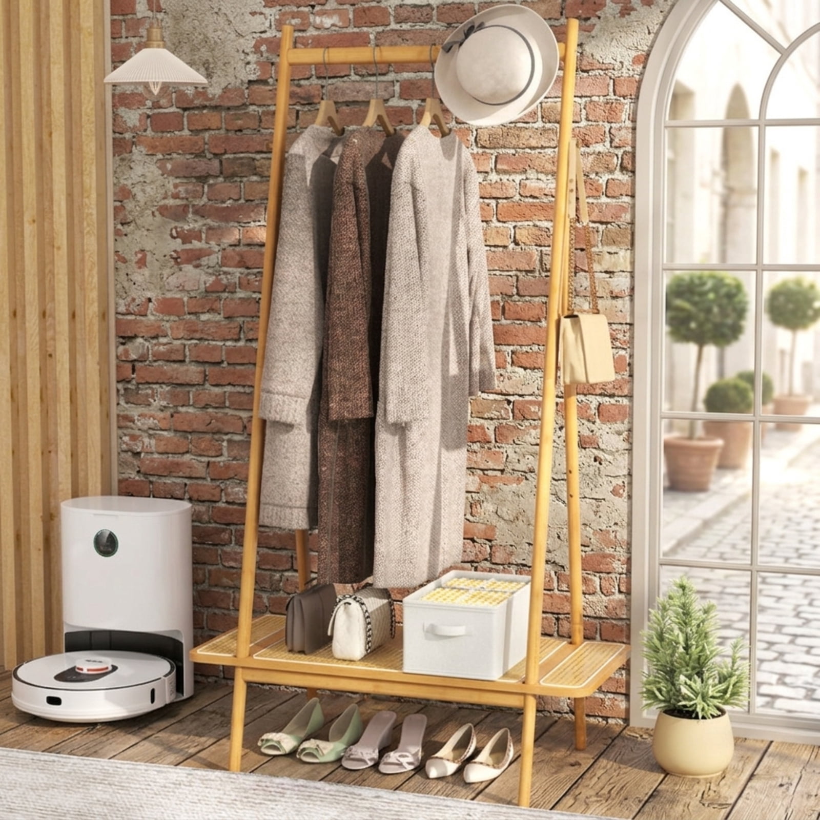 Furnibear Bamboo Clothes Rack with Hanging Rod Rattan Shelf and 5 Copper Hooks Freestanding Garment Rack for Bedroom and Entryway, Natural