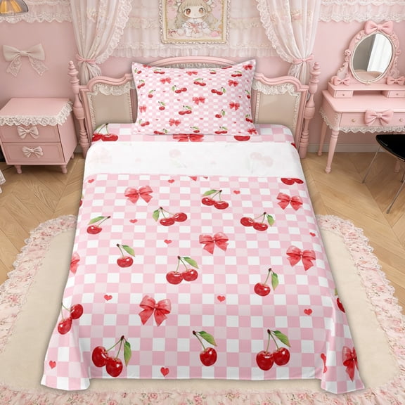 Erosebridal Watercolor Cherry Bow-tie Twin Sheet Sets for Girls Women, Pink Checkered Gird Bedding, 3 Pieces