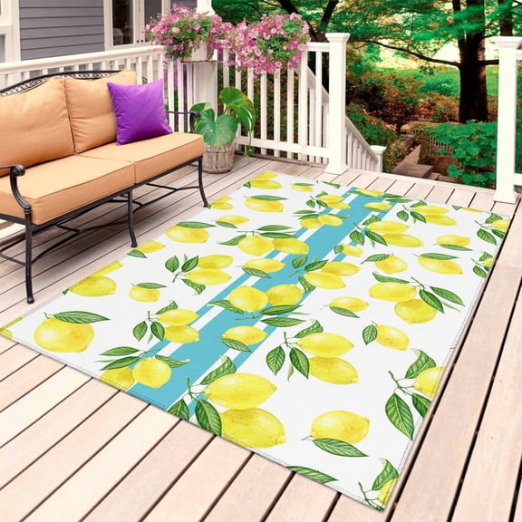 Yellow Lemons Outdoor Rug 4x6 Ft, Non Slip Washable Area Rug, Summer Botanical Watercolor Patio Rugs Carpet Runner, Large Floor Mat for Indoor/Outdoor Deck Porch Camping