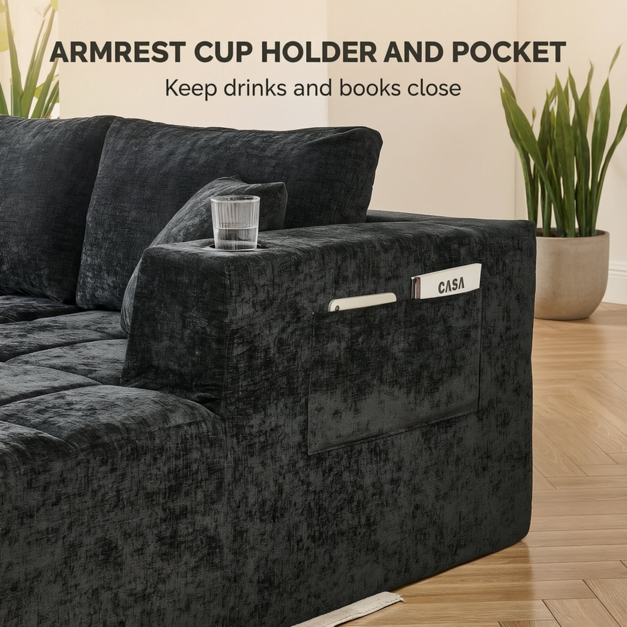Vinform 132" U-Shaped Modular Sectional Cloud Sofa with 2 Cup Holders for Living Room, Dark Gray