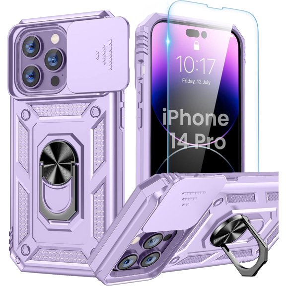 for iPhone 14 Pro Case with Screen Protector - Slide Camera Cover Phone Case with Ring Stand, Heavy Duty Military Grade Shockproof Rugged Bumper for iPhone 14 Pro Accessories Purple