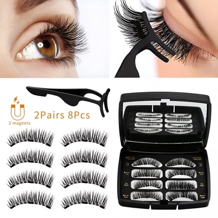 RAGUPEL 2 Pairs Magnetic Eyelashes Dual Magnets False Eyelashes Reusable 3D No Glue 3 Fake Lashes Extension with Tweezers for Women Makeup, 8 Pieces