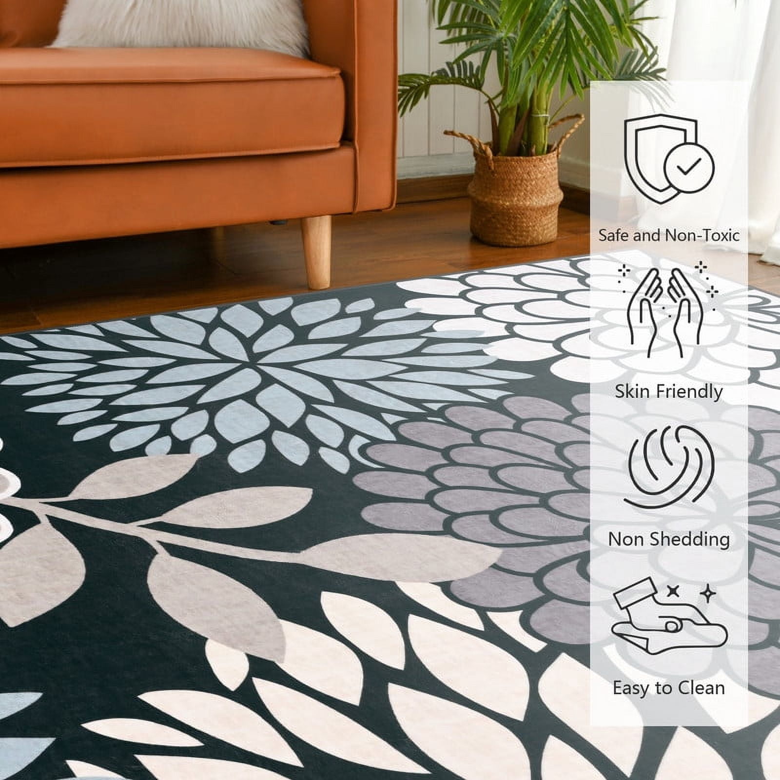 TWINNIS Area Rugs Floral Boho Rug Floor Carpet for Living Room Bedroom,4'x6',Black
