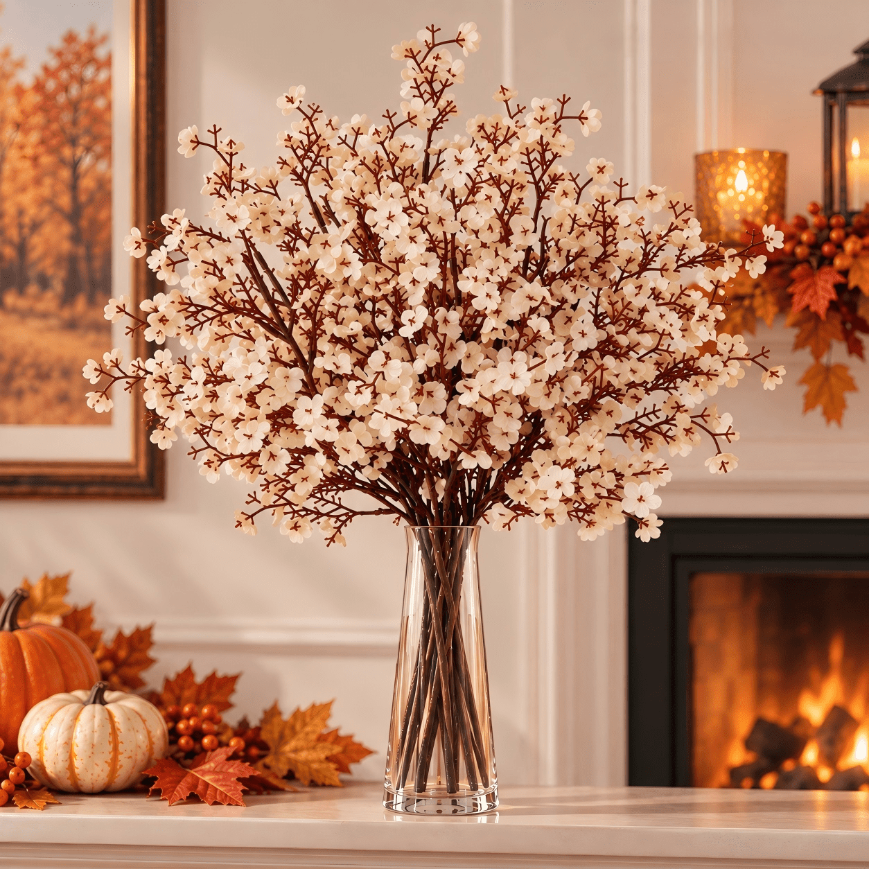 Yastouay 5 Pcs Fake Fall Flowers,20 Inch Real Touch Baby's Breath Artificial Flowers for Home Fall Decor,Champagne