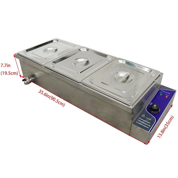TECHTONGDA Buffet Food Warmer Stainless Steel Bain Marie Buffet Countertop 3-Pan Electric Steam Heater Large Capacity