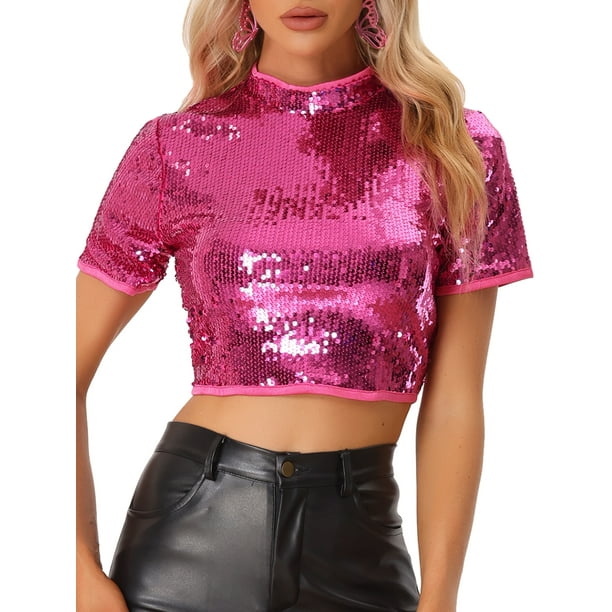 Disfraz de Halloween Blusa de manga corta con purpurina y lentejuelas para mujer Negro rosa L