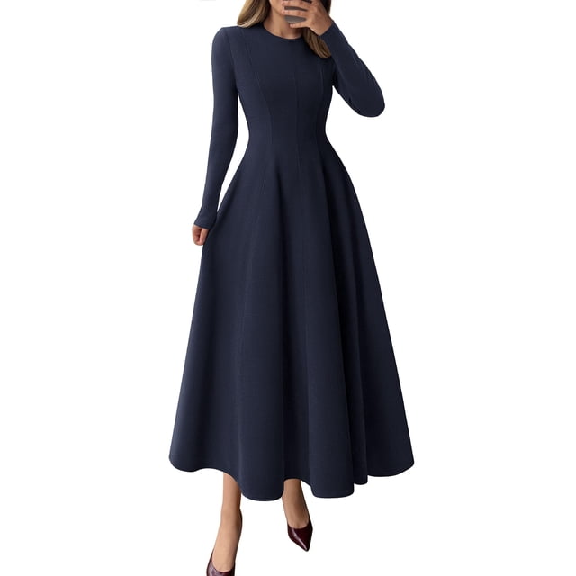 Vestido PRETTYGARDEN 2025 Elegante de Manga Larga Midi Azul Oscuro M