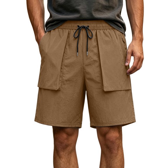 LEKWK Cargo Shorts for Men Elastic Waist Drawstring Short with Large Flap Pockets Quick Dry Lightweight Activewear for Gym Workout Hiking Brown XXL