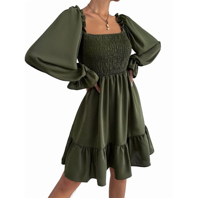 Robe Courte de Soirée Fluide pour Femme à Encolure Carrée, Manches Longues Lanterne, Volants Froncés, Vert Armée, TG