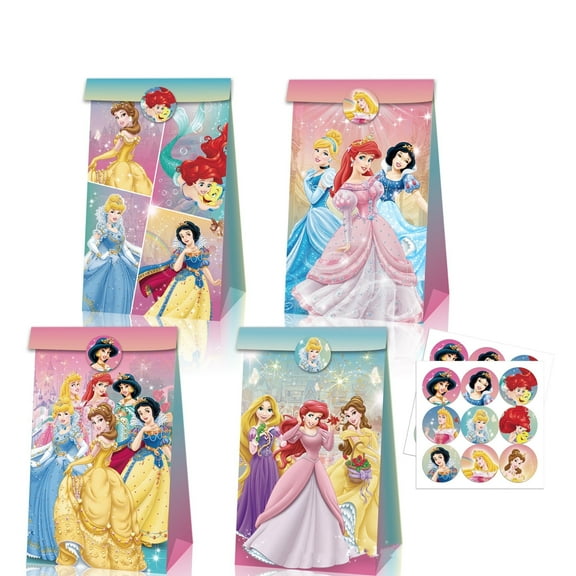 12 Pack Princess Party Favor Bags Paper Goodie Bags - Treat Candy Bag for Kids' Theme Party, Boys Girls Birthday Party Supplies Gift Bags with Stickers for Party Decorations