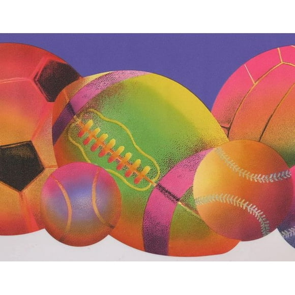 Concord Wallcoverings Wallpaper Border Sport Pattern Equipment Football Baseball Soccer Volleyball for Teen Bedroom Home Gym, Purple Green Pink Orange Yellow Blue, 8 Inches by 15 Feet WK9295B