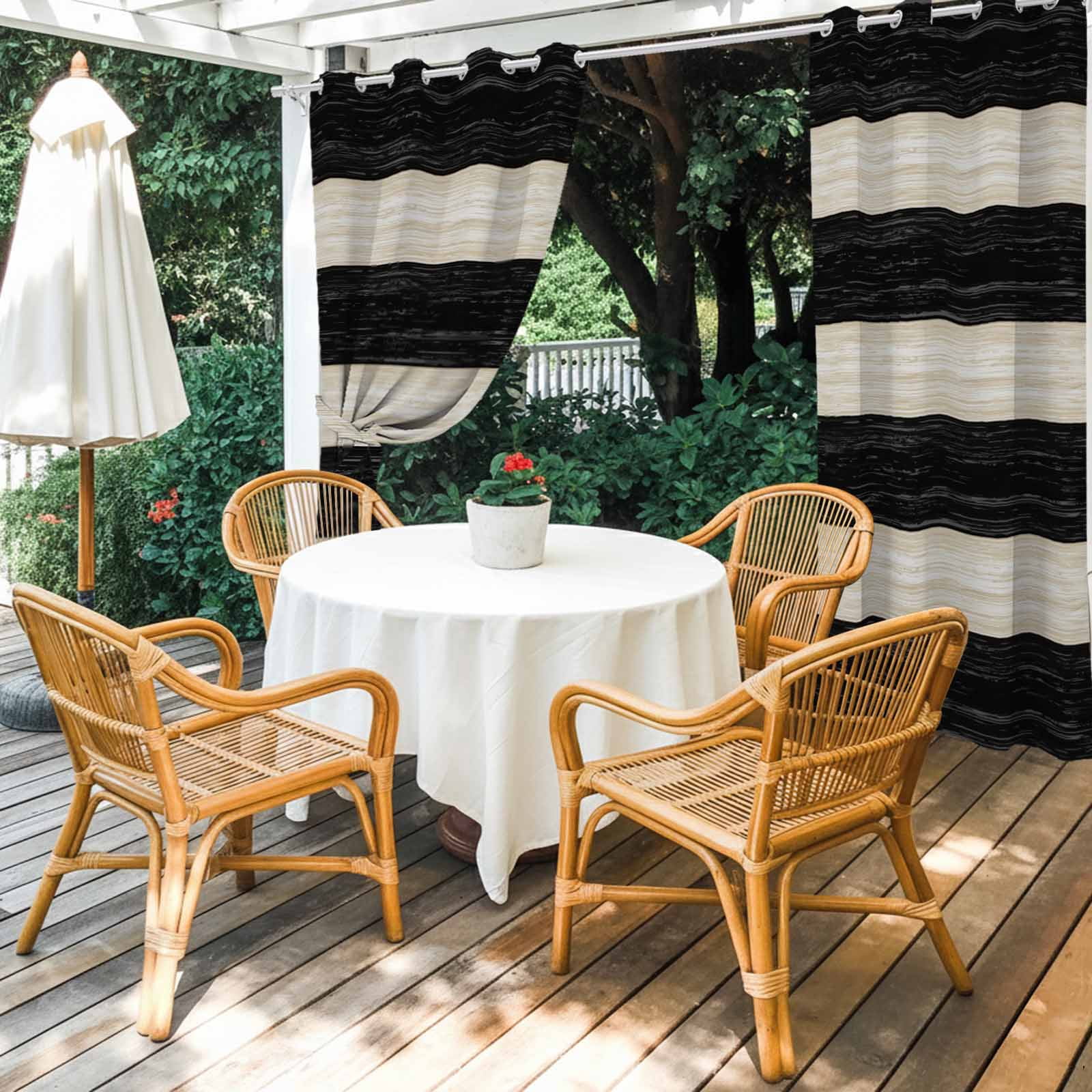 Outdoor Curtains for Patio Waterproof, Black Cream Striped Windproof Pravicy Outside Porch Blackout Curtain, Farmhouse Vintage Shabby Chic Wood Grain Sun Blocking Curtains for Cabana 54"x108"