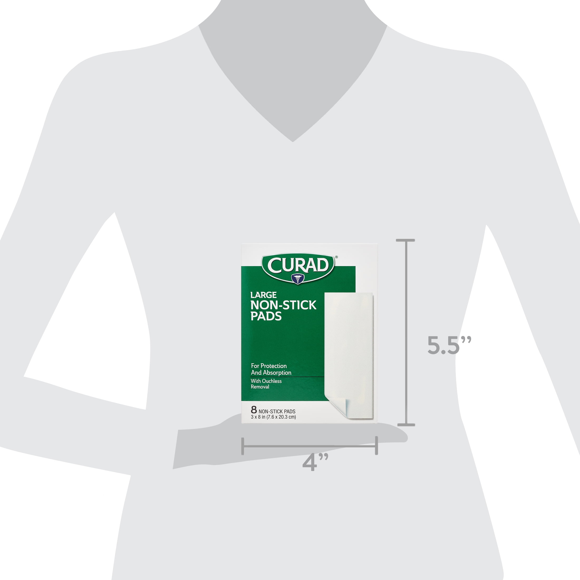 Curad Sterile Large Non-Stick Pads, For Ouchless Removal, 8" x 3", 8 Count