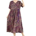 thumbnail image 2 of Qulqfy Midi Dress for Women Casual Purple Short Sleeve Boho Elastic Waist Floral V Neck Dresses Fall Dresses for Women L, 2 of 7