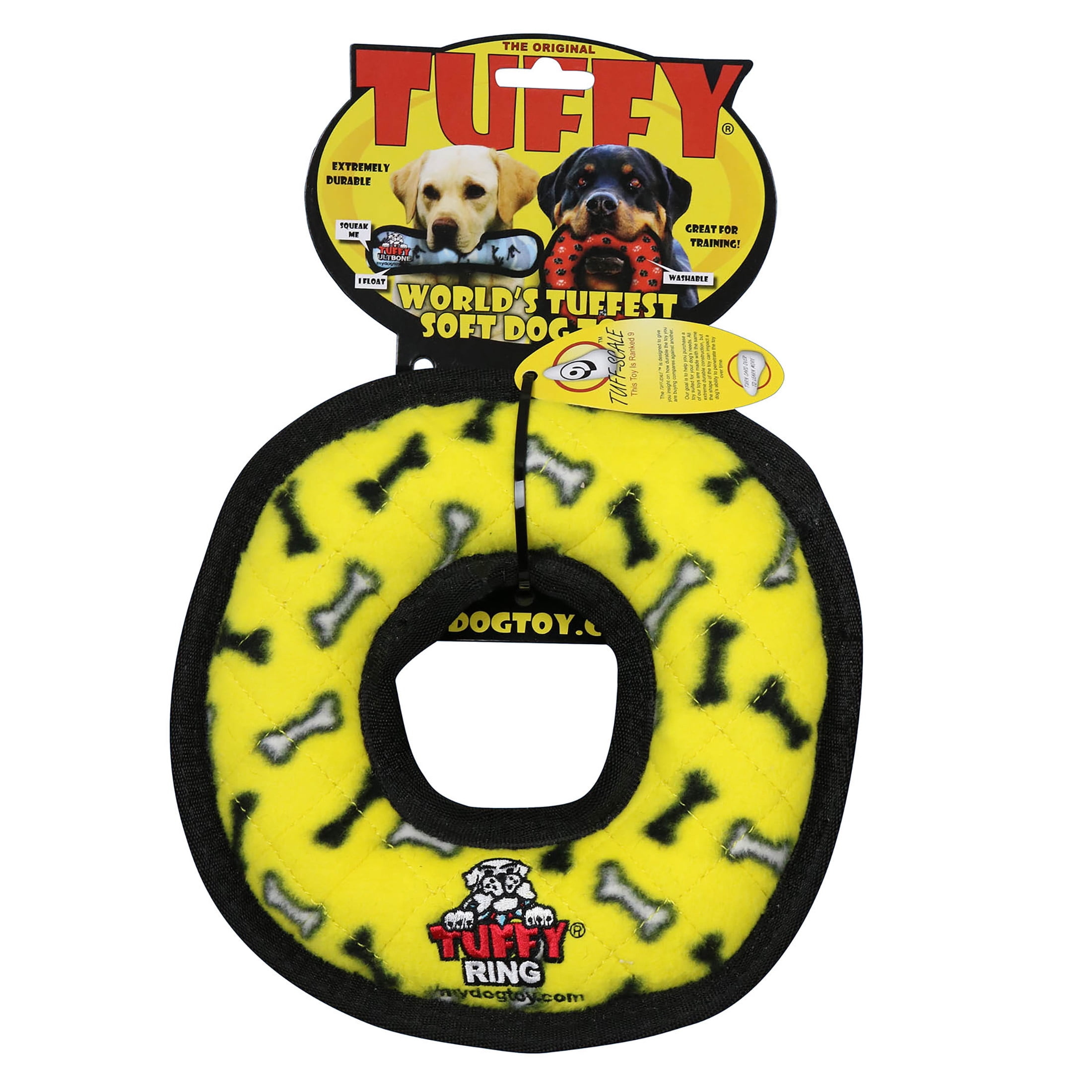 Tuffy Ultimate Ring Yellow Bone Durable Plush Squeaky Dog Toy
