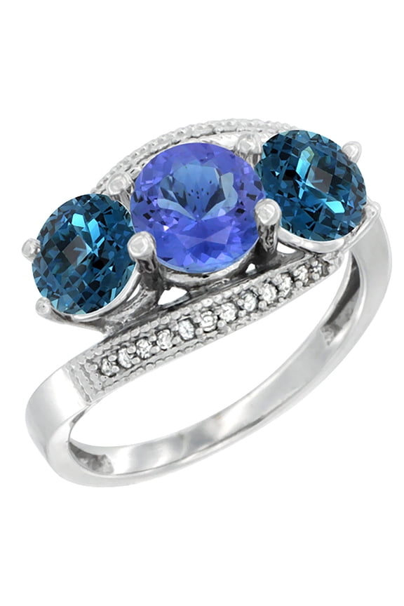 14K White Gold Natural Tanzanite & London Blue Topaz Sides 3 stone Ring Round 6mm Diamond Accent, size 5.5