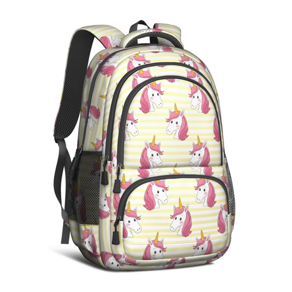 Unicorn and Stripe Yellow Pattern Backpack for School, Cute School Bag with Adjustable Shoulder Straps and Padded Back, 16.9"x12.6"x5.9"
