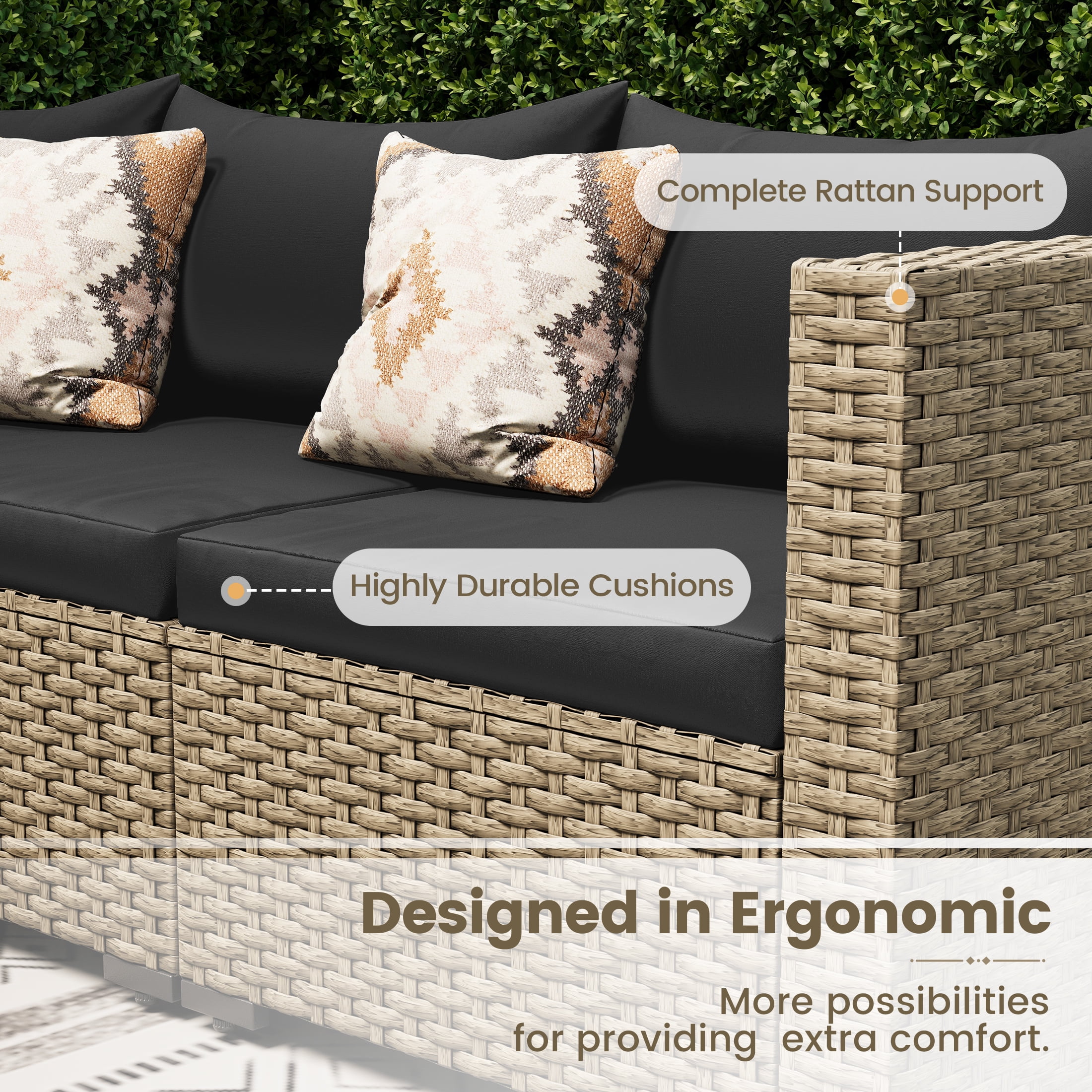 Poteban 7 Piece Outdoor Patio Furniture Set, Grey Rattan Wicker Outdoor Conversation Sectional Sofa Set with Cushions for Backyard, Black