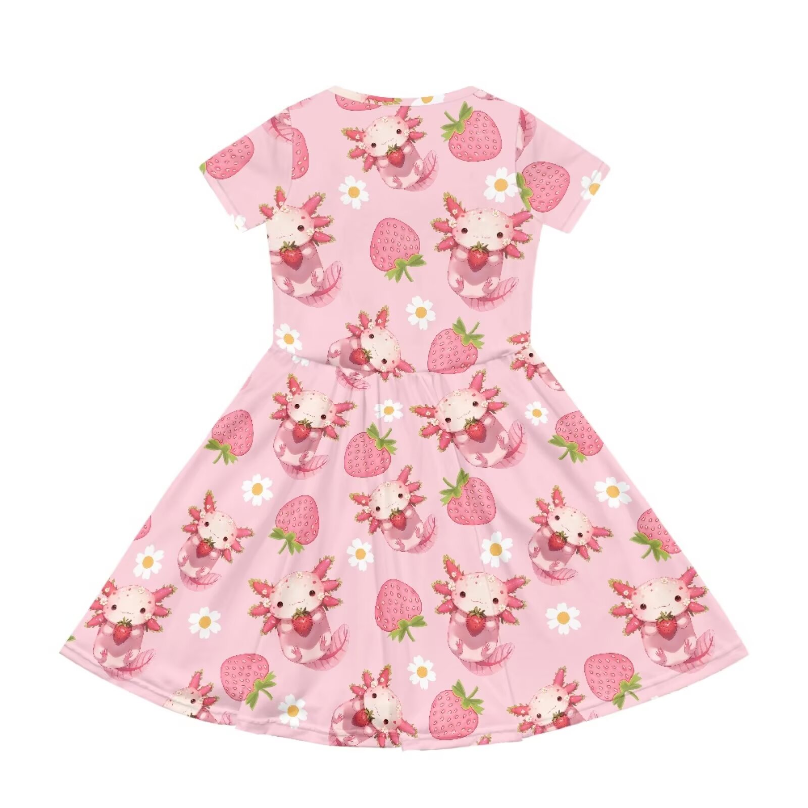 Uourmeti Girls Axolotl Dress Size 5-6 Cute Short Sleeve Swing Dresses Strawberry Crew Neck Midi Dress Lightweight Loose Knee A-Line Dresses Casual Beach Dress