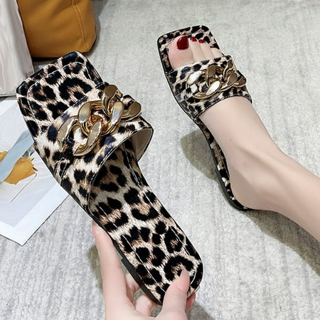 

Holiday Savings 2022! Rourlinge Women s Casual Vacation Open Toe Decorative Buckle Leopard Print Flat Beach Sandals Gold 36