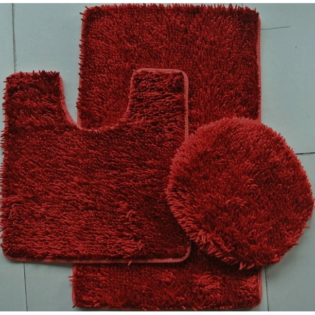 3 PIECE SHINY SOFT PADDED CHENILLE SHAG BATH RUG, CONTOUR RUG AND LID