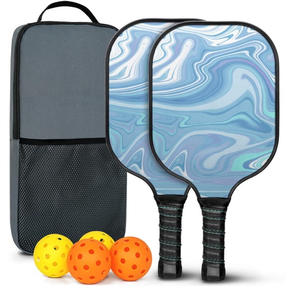 Pickleball Paddles Set Of 2, Fiberglass Surface, Liquid & Marble Print, 4 Balls & Bag